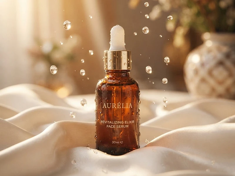 Cinematic beauty commercial — luxury skincare bottle on silk