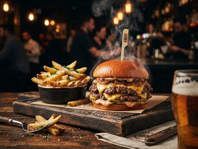 Cinematic restaurant commercial — gourmet food in warm light