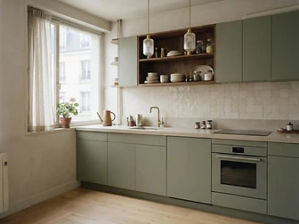 Cuisine sur-mesure vert sauge — après travaux