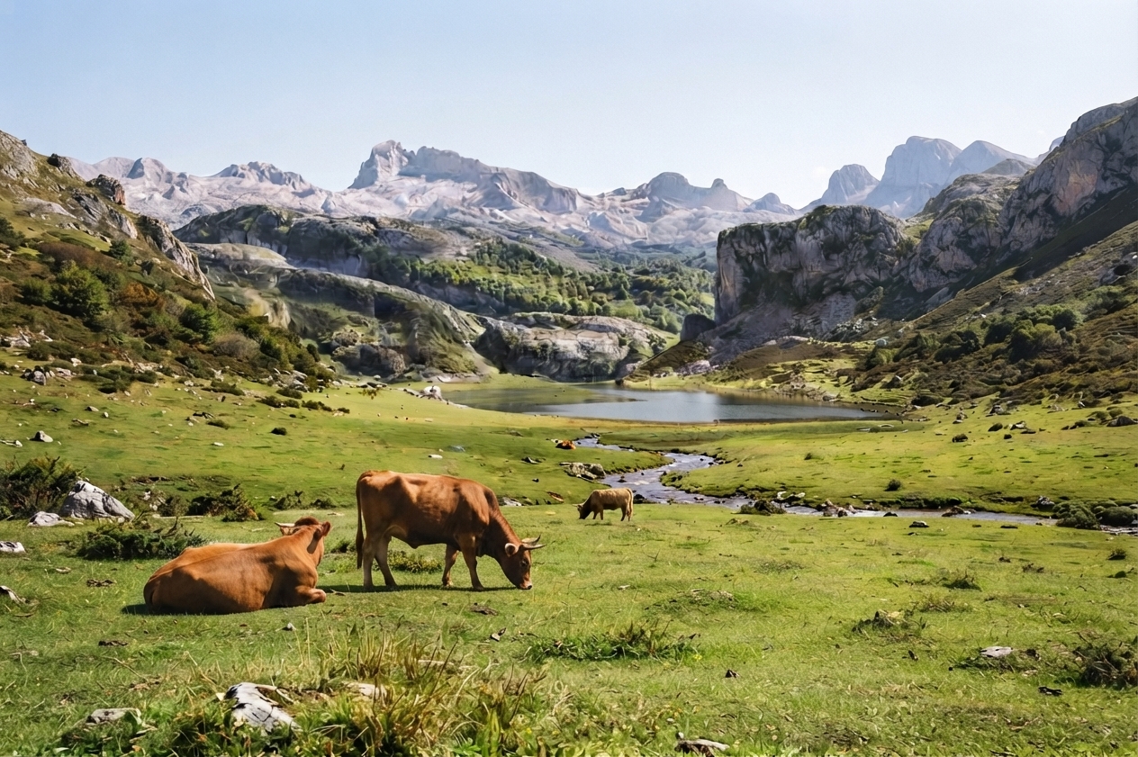 Valle de Sajambre con ganado y los Picos de Europa al fondo