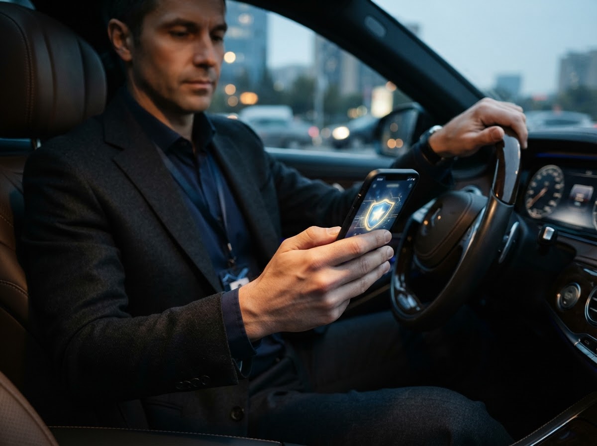 Driver holding a verified ID badge and secure phone interface