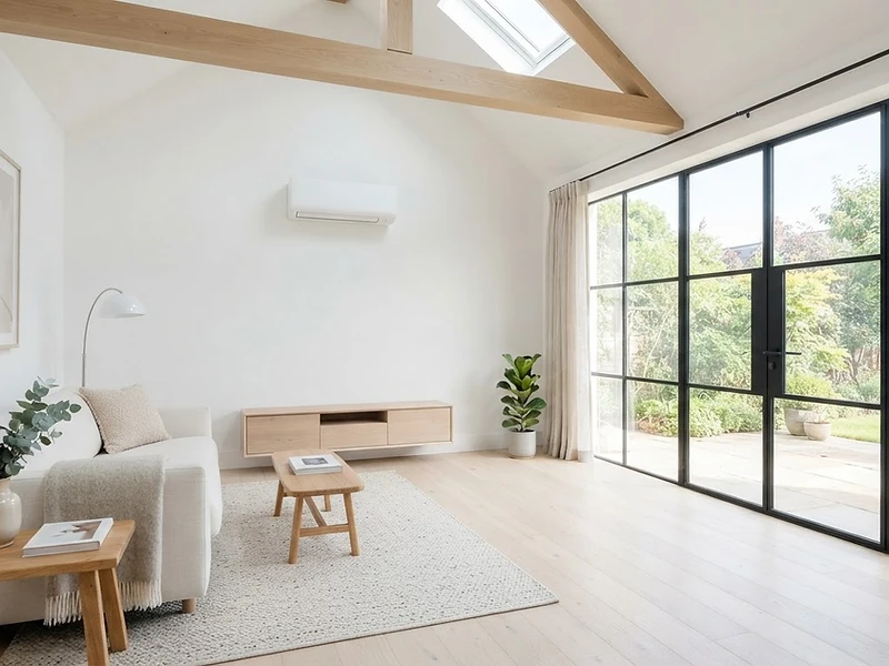Sun-drenched minimalist Barnet living room with sleek modern AC unit