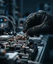 Technician hand in tactical glove adjusting a precision sensor