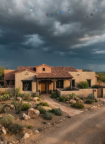 Southwestern stucco home in the Phoenix Valley with monsoon storm clouds overhead