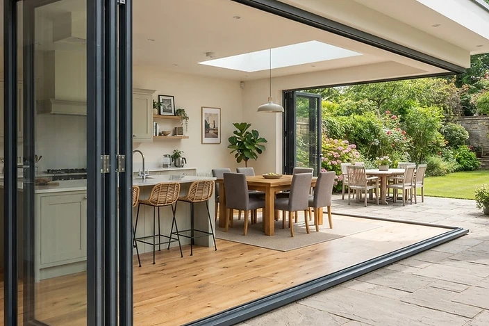 Simple Window Solutions — bi-fold doors opening a living room to the garden