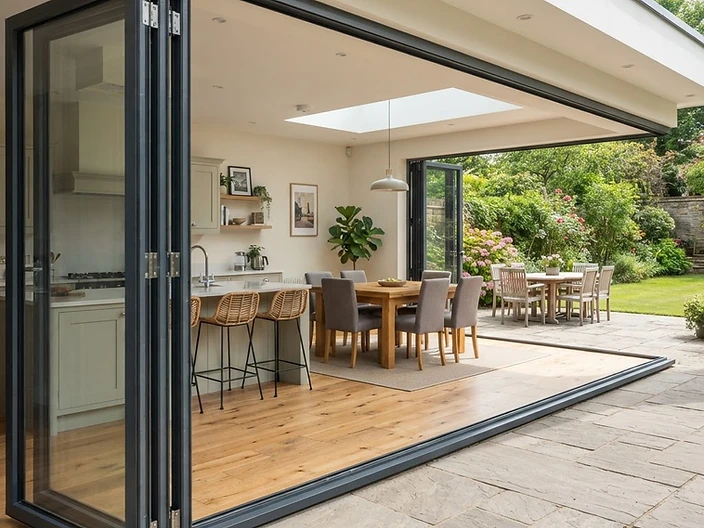 Simple Window Solutions — bi-fold doors opening a living room to the garden