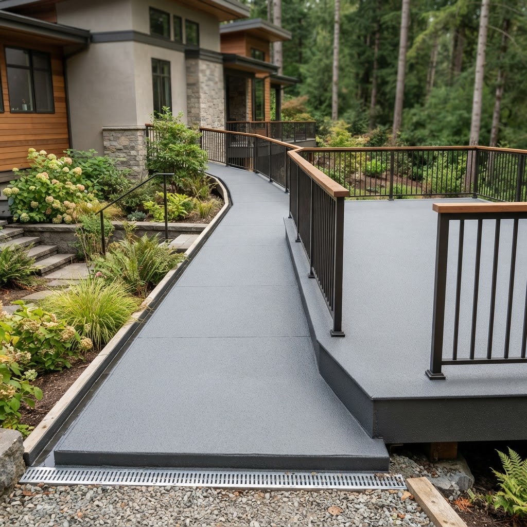Completed residential deck and walkway with slip-resistant waterproof coating by Noble Waterproofing in the San Fernando Valley