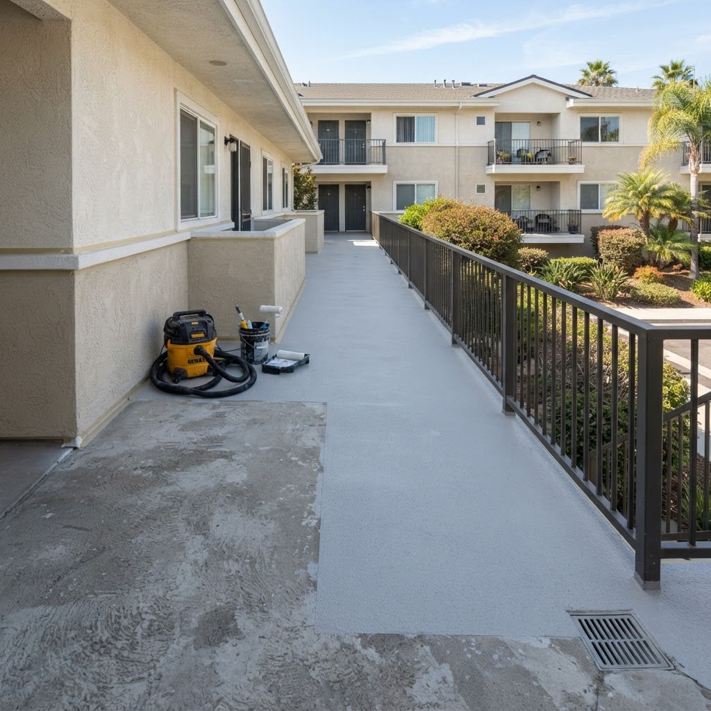 Waterproofing and protective coating workflow on multifamily walkway by Noble Waterproofing in the San Fernando Valley