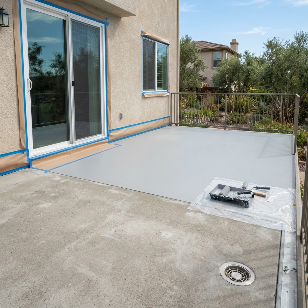 Residential concrete deck waterproofing with base coat application by Noble Waterproofing in the San Fernando Valley