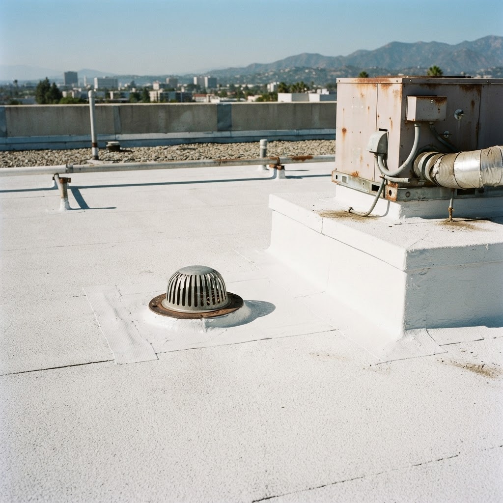 Commercial roof drain waterproofing with reinforced reflective coating by Noble Waterproofing in the San Fernando Valley