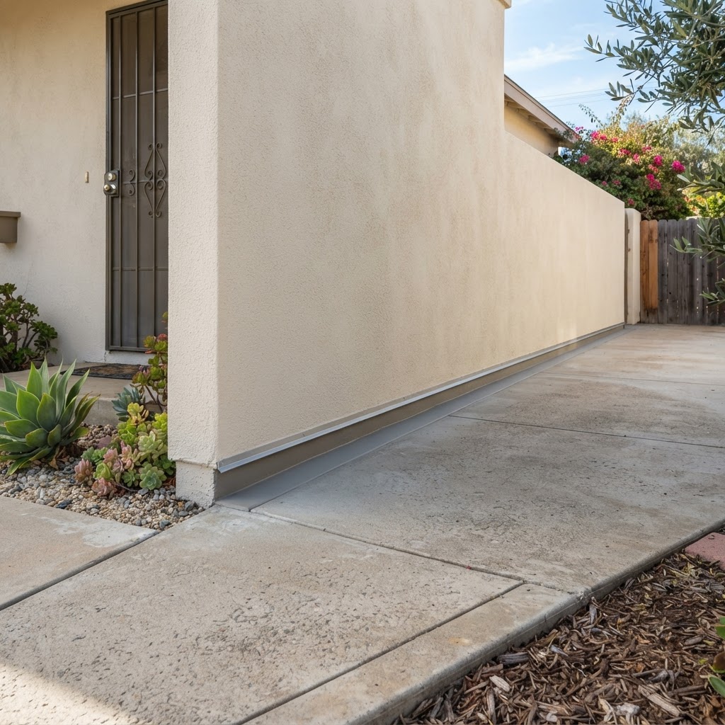 Exterior stucco wall and walkway waterproofing with sealed movement joint by Noble Waterproofing in San Fernando Valley