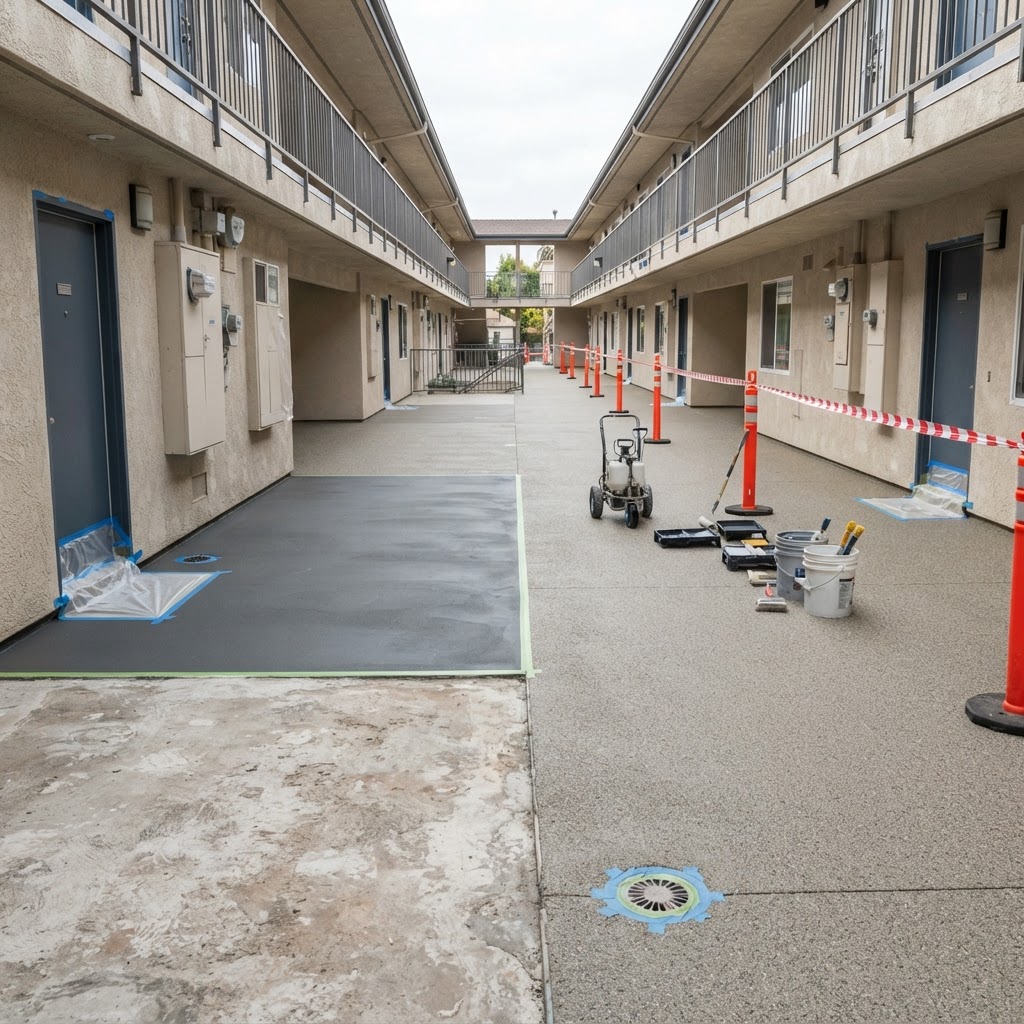 Commercial waterproofing showing prepared and coated concrete sections by Noble Waterproofing in San Fernando Valley