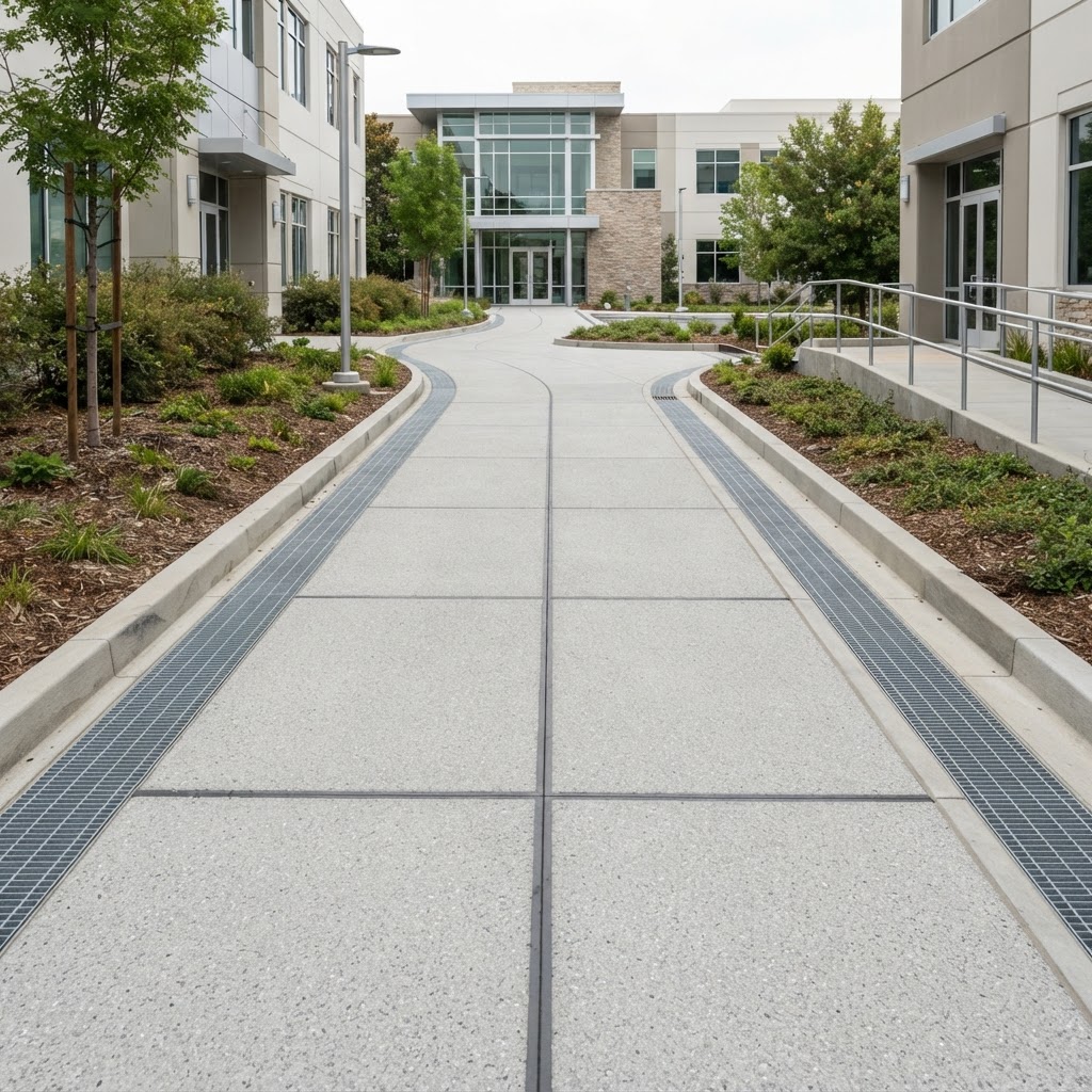 Commercial walkway waterproofing with slip-resistant coating and sealed isolation joints by Noble Waterproofing in San Fernando Valley