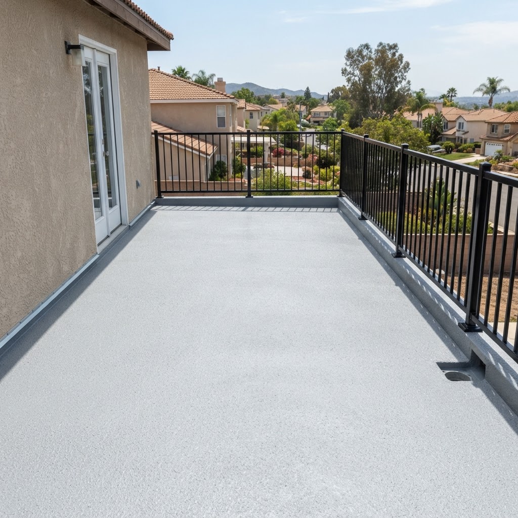 Residential balcony waterproofing with slip-resistant coating and sealed railing posts by Noble Waterproofing in San Fernando Valley