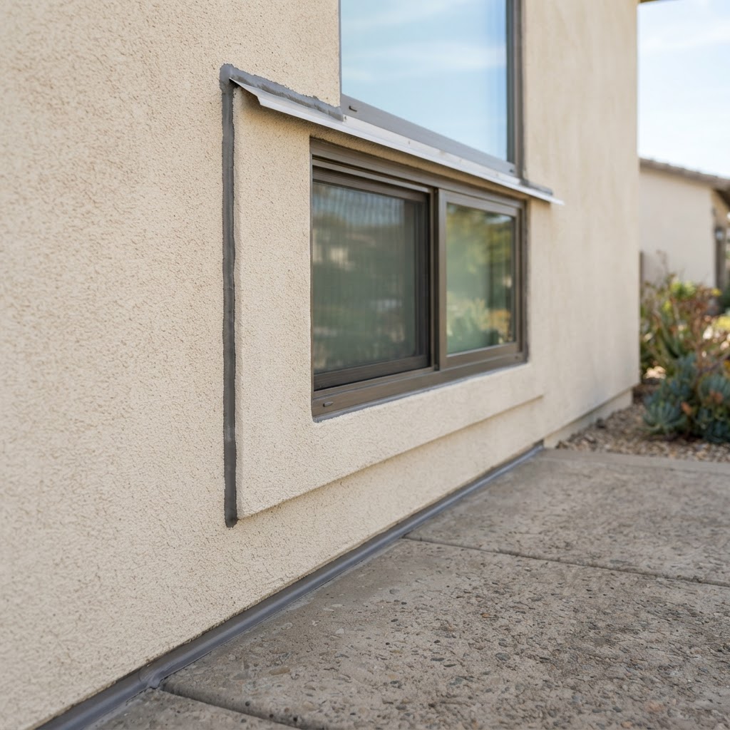 Stucco wall waterproofing detail around window and walkway joint by Noble Waterproofing in the San Fernando Valley