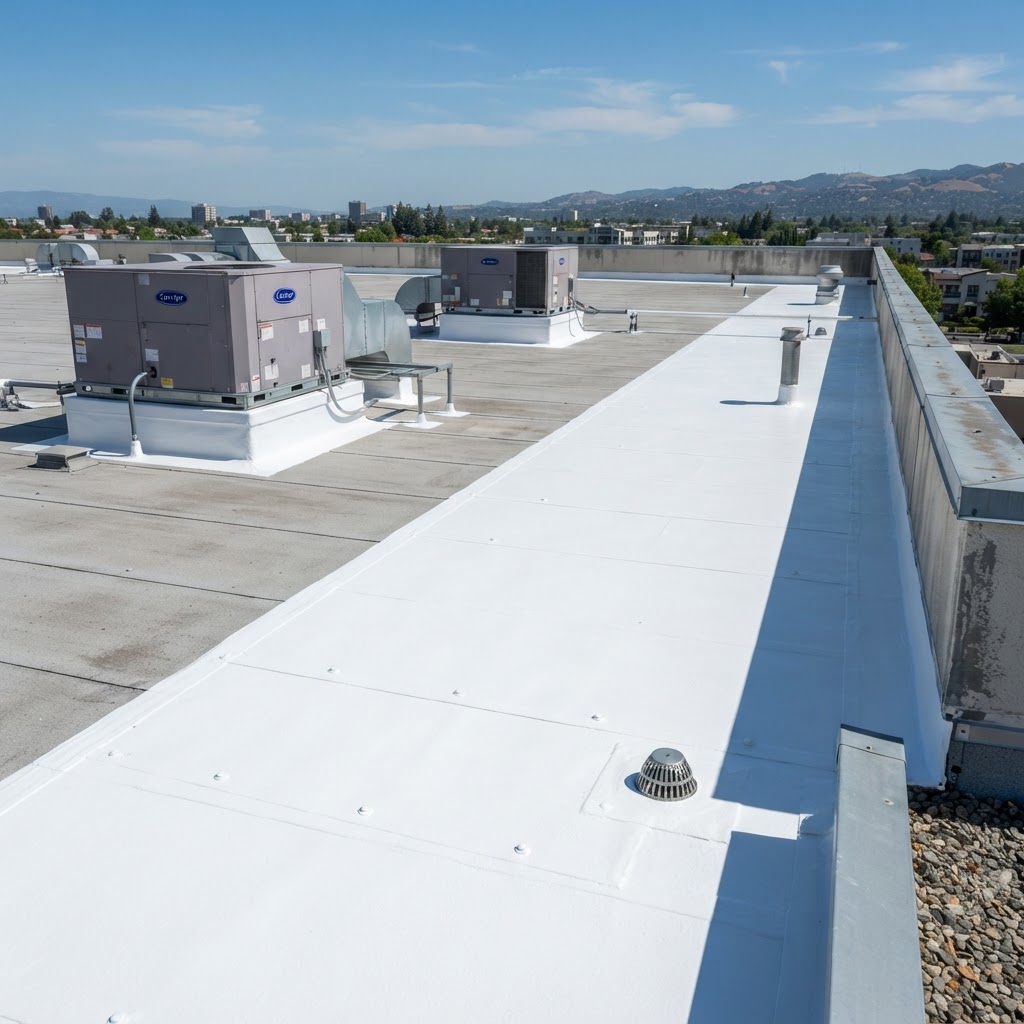 Commercial roof coating with reinforced seams and white reflective coating by Noble Waterproofing in the San Fernando Valley CA