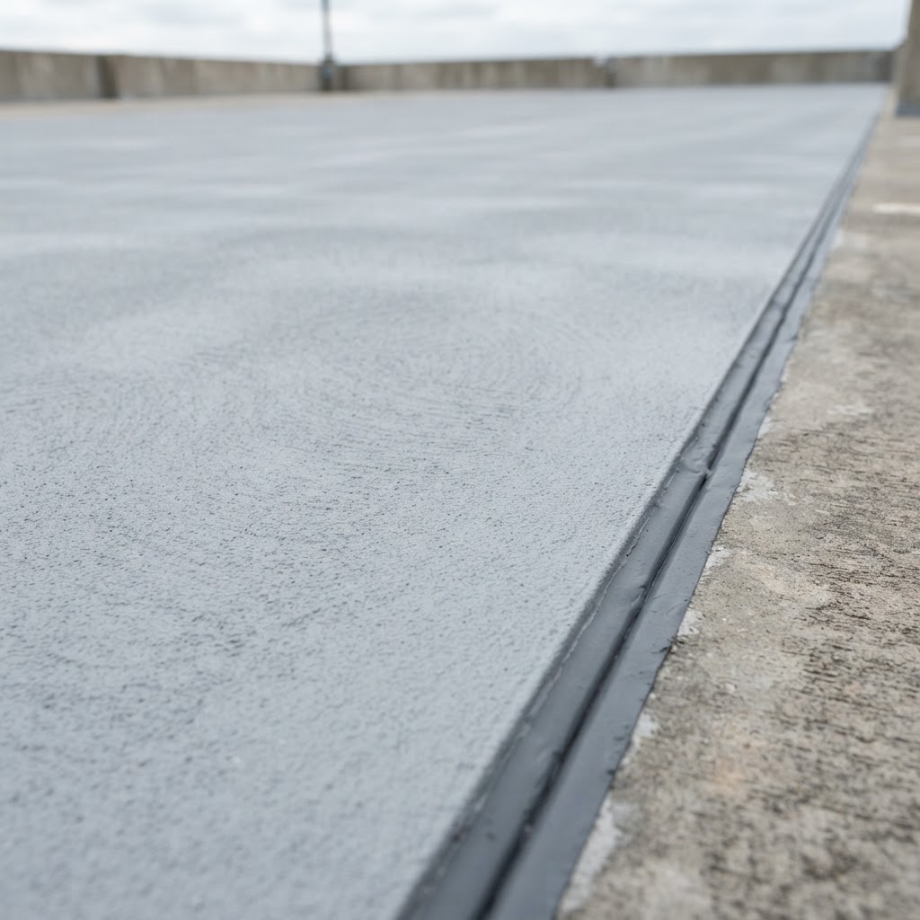 Deck and walkway waterproofing coating with sealed control joint installed by Noble Waterproofing in the San Fernando Valley
