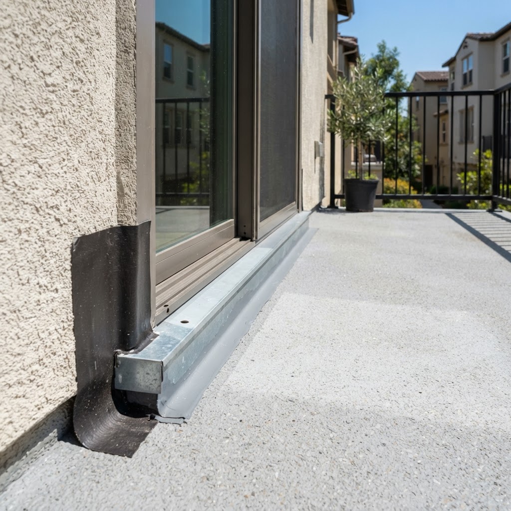 Waterproofed townhouse balcony threshold with metal pan flashing by Noble Waterproofing in the San Fernando Valley