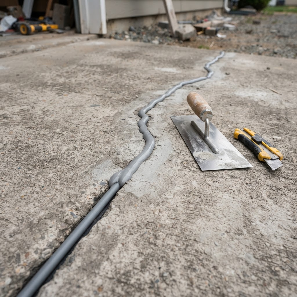 Concrete crack repair with routed seal and backer rod for waterproofing by Noble Waterproofing in the San Fernando Valley