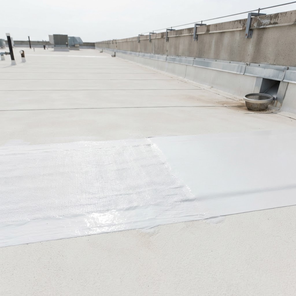 Roof seam waterproofing repair with polyester reinforcing fabric in white acrylic coating by Noble Waterproofing in San Fernando Valley