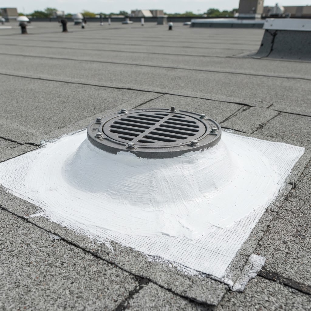 Roof drain waterproofing detail with reinforced white acrylic coating by Noble Waterproofing in the San Fernando Valley CA