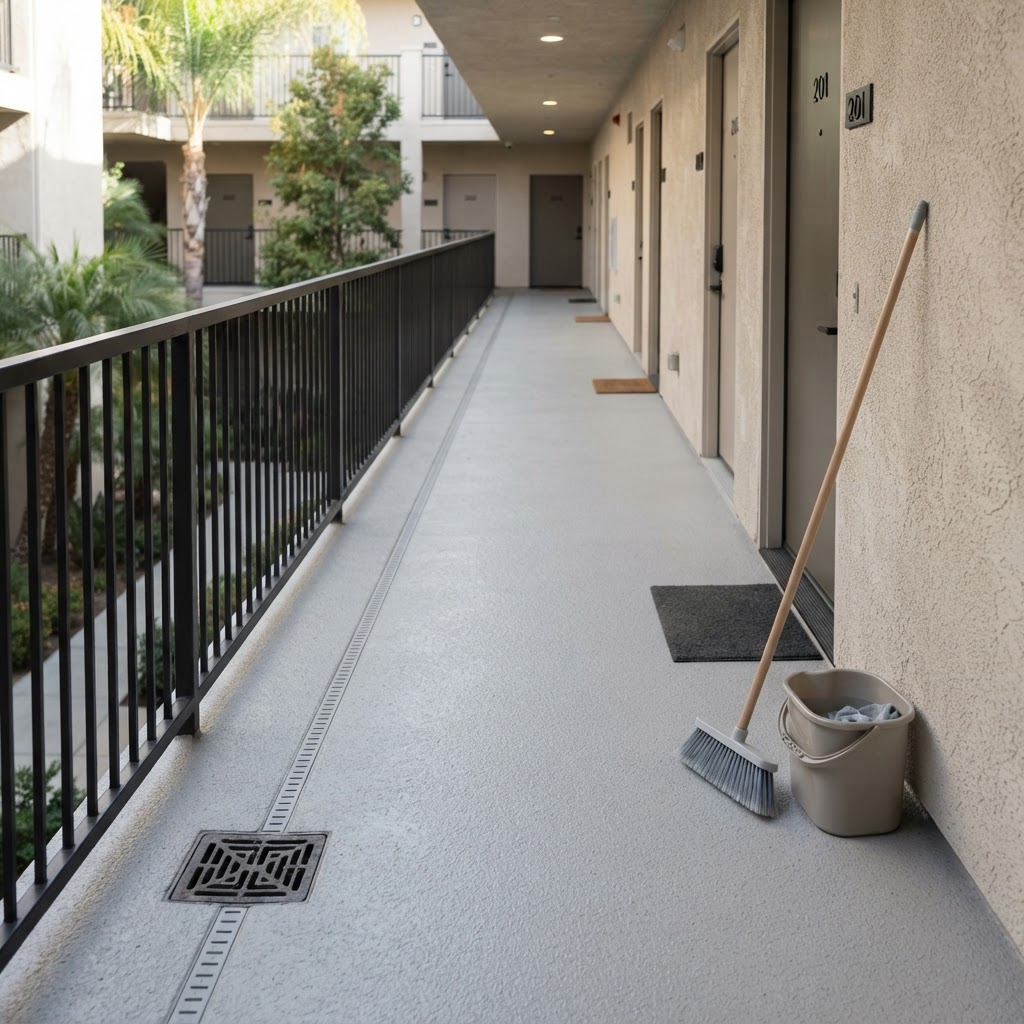 Coated walkway maintenance with cleaning tools for waterproof deck care by Noble Waterproofing in San Fernando Valley