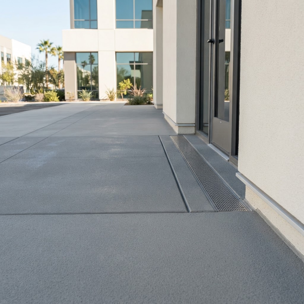 Concrete landing with protective waterproofing coating and clean wall termination by Noble Waterproofing in San Fernando Valley