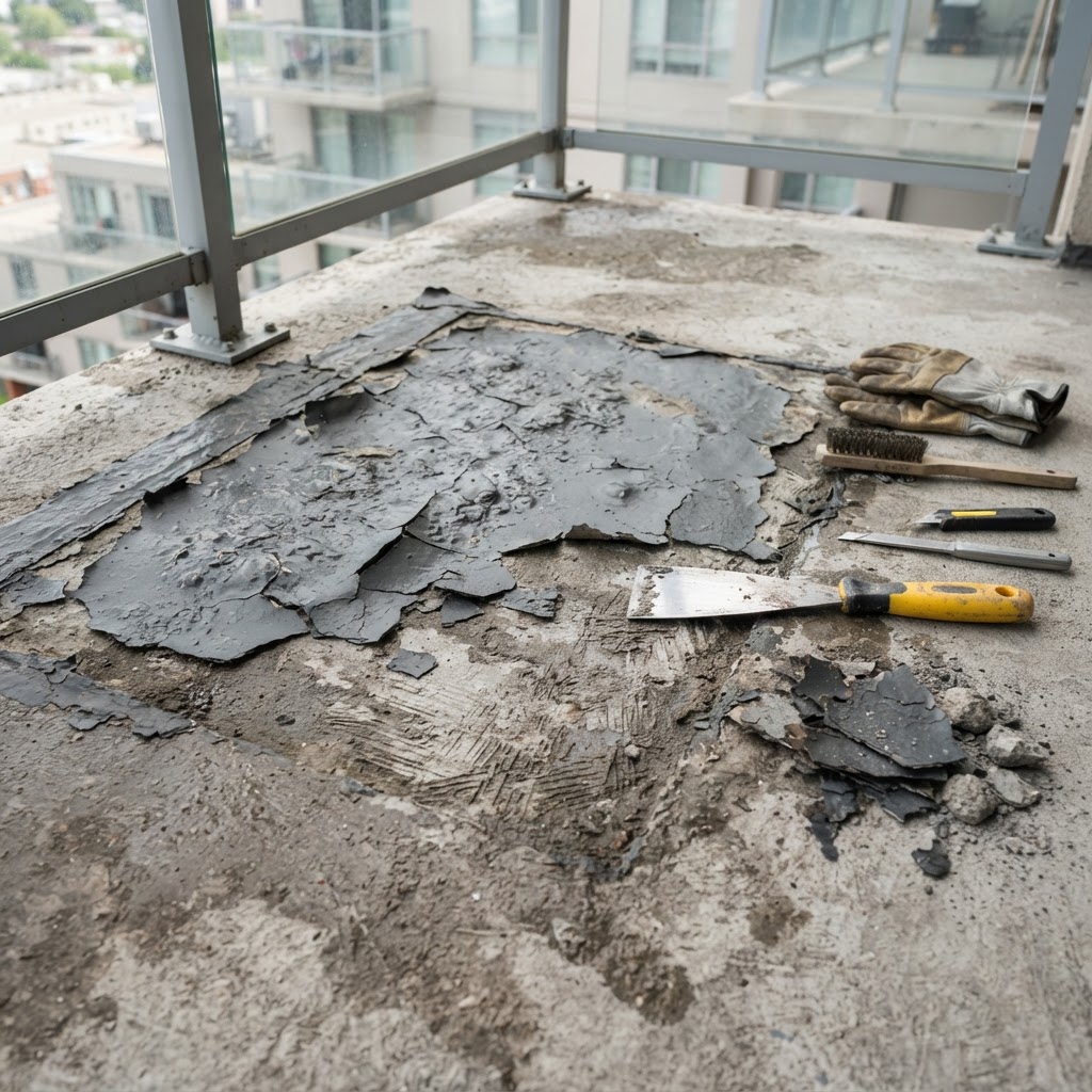 Waterproofing repair showing blistered coating removal from a concrete balcony surface by Noble Waterproofing in Granada Hills CA