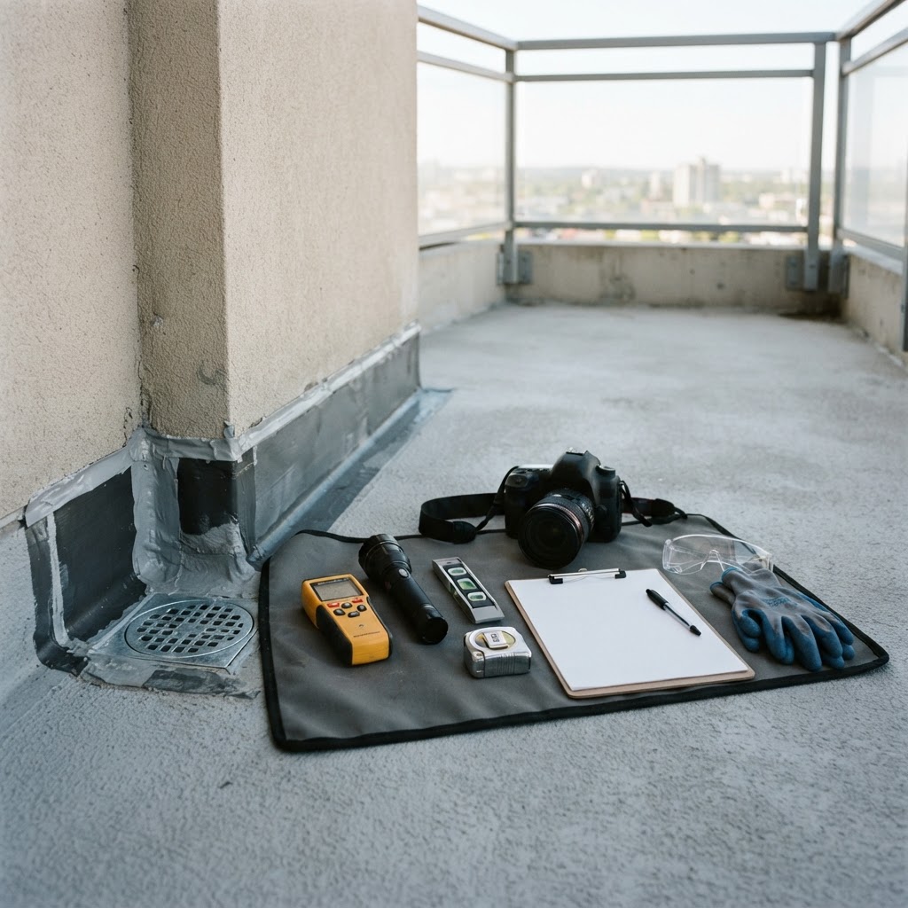 Waterproofing inspection tools including moisture meter and level used by Noble Waterproofing in the San Fernando Valley