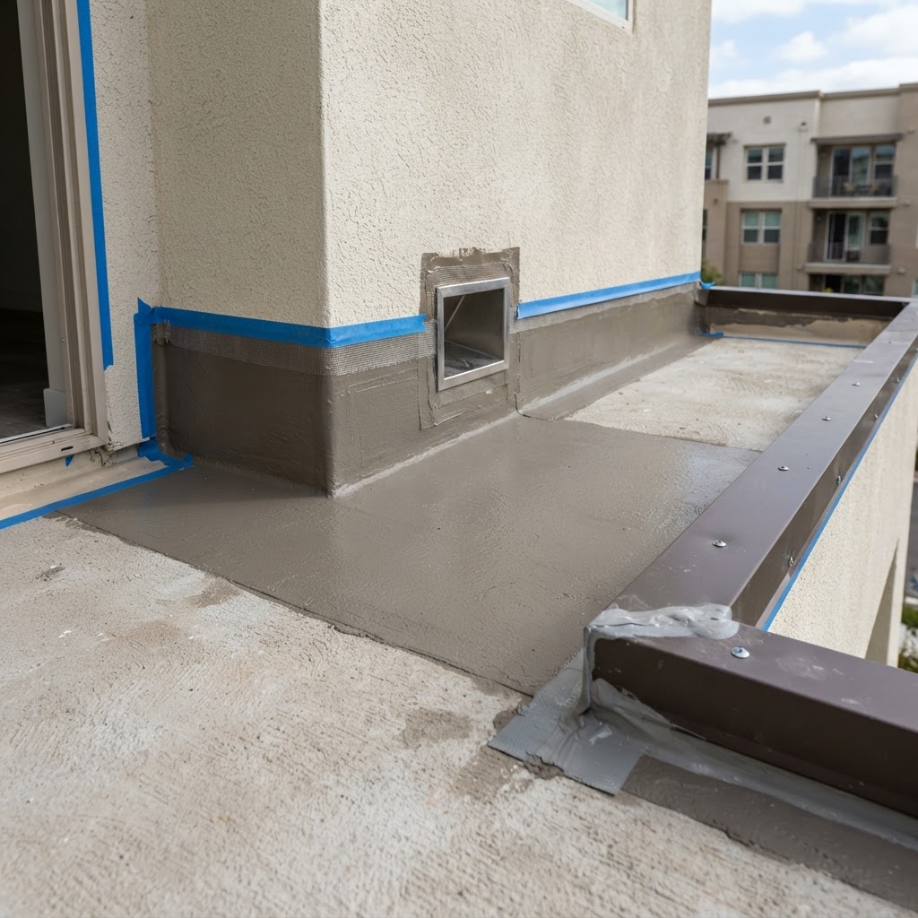 Balcony waterproofing membrane turned up at stucco wall with scupper and metal edge detail by Noble Waterproofing in San Fernando Valley