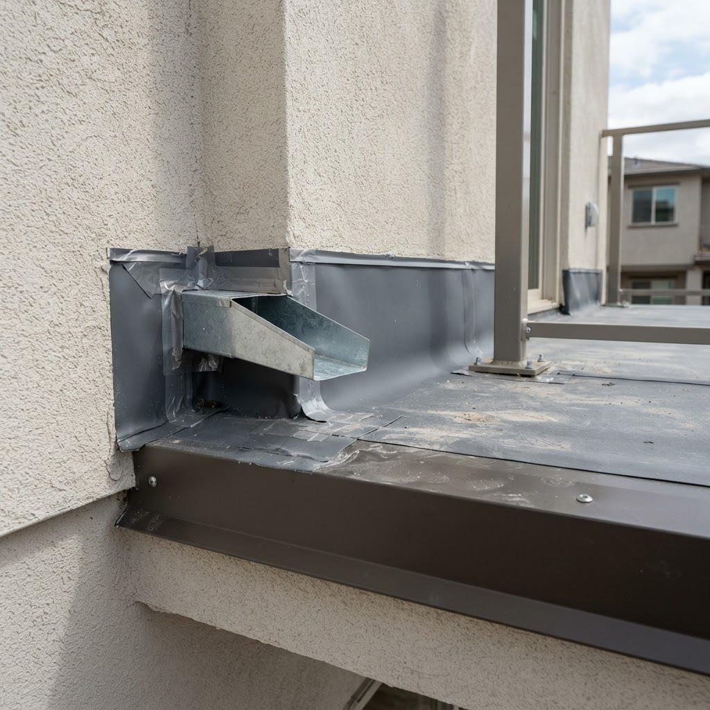 Balcony edge waterproofing membrane detail at stucco wall with scupper and metal drip edge by Noble Waterproofing in San Fernando Valley