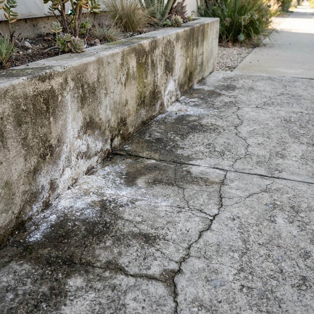 Exterior concrete slab with cracks and efflorescence indicating need for concrete waterproofing in San Fernando Valley CA