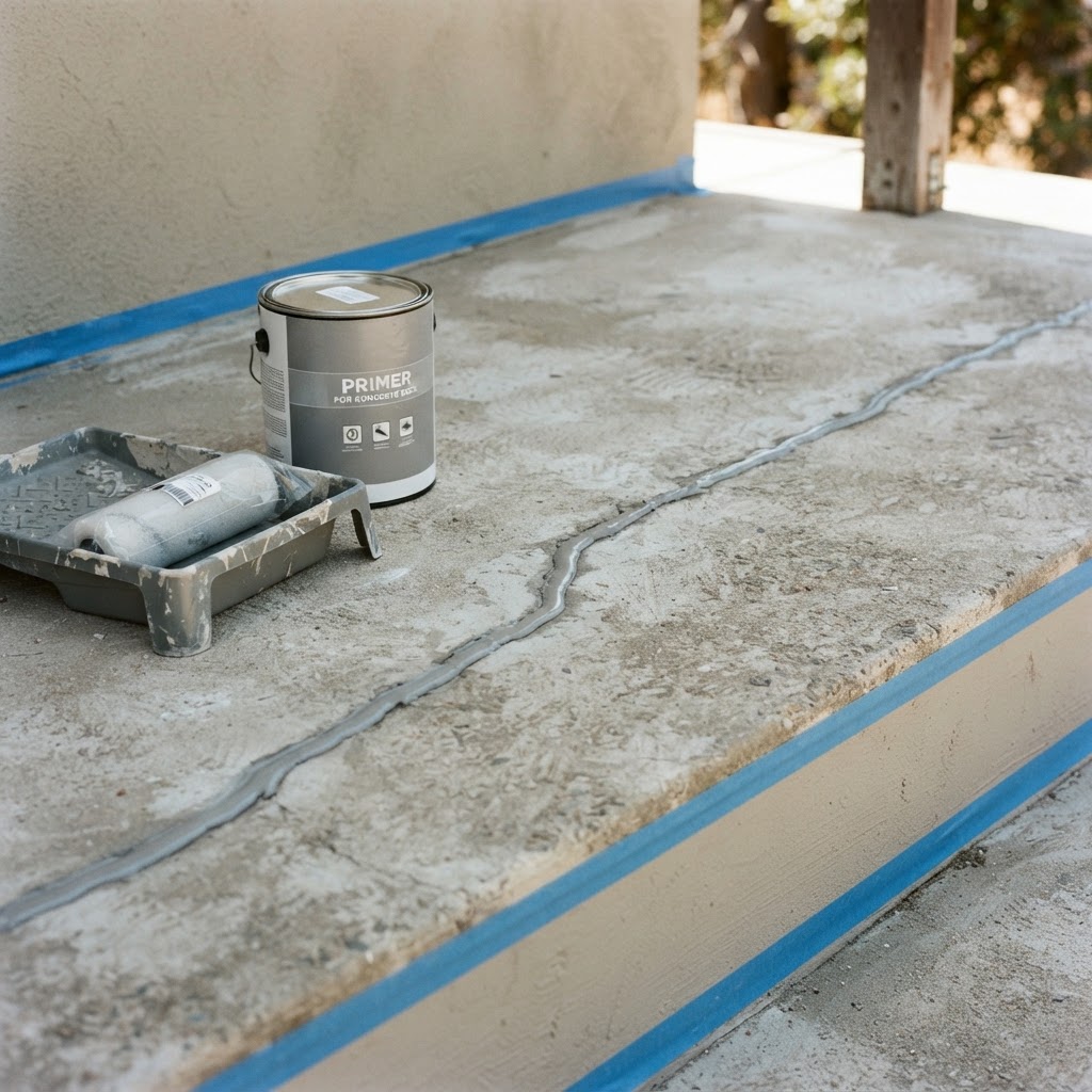 Exterior concrete waterproofing preparation with repaired crack and primer by Noble Waterproofing in the San Fernando Valley