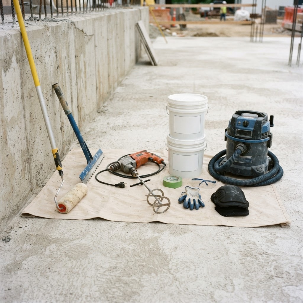 Professional waterproofing equipment including rollers, squeegee, and mixing tools used by Noble Waterproofing in San Fernando Valley