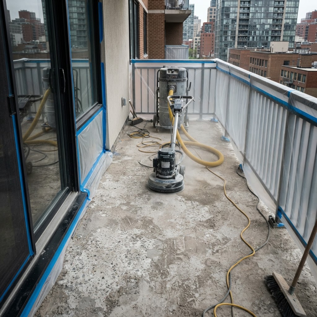 Concrete balcony surface preparation for waterproofing with grinding equipment by Noble Waterproofing in San Fernando Valley