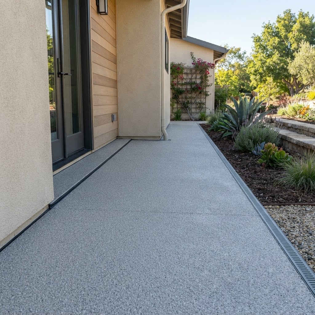 Completed residential walkway waterproofing coating with sealed joints by Noble Waterproofing in the San Fernando Valley