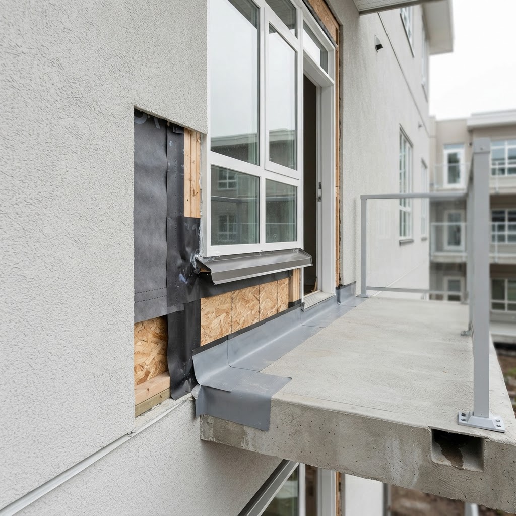 Exterior wall and balcony edge showing waterproofing flashing and drainage transitions by Noble Waterproofing in San Fernando Valley