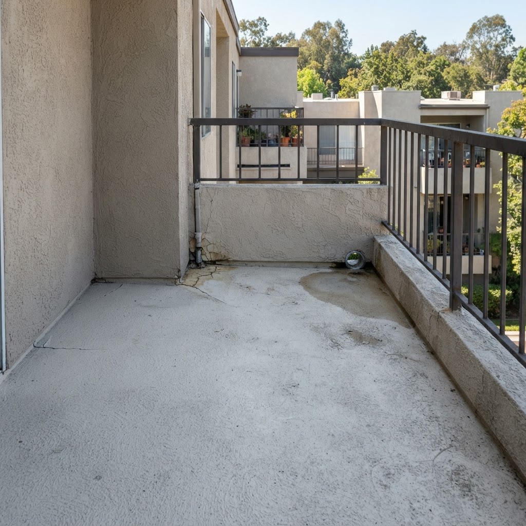 Weathered balcony coating showing warning signs that waterproofing repair is needed in the San Fernando Valley CA