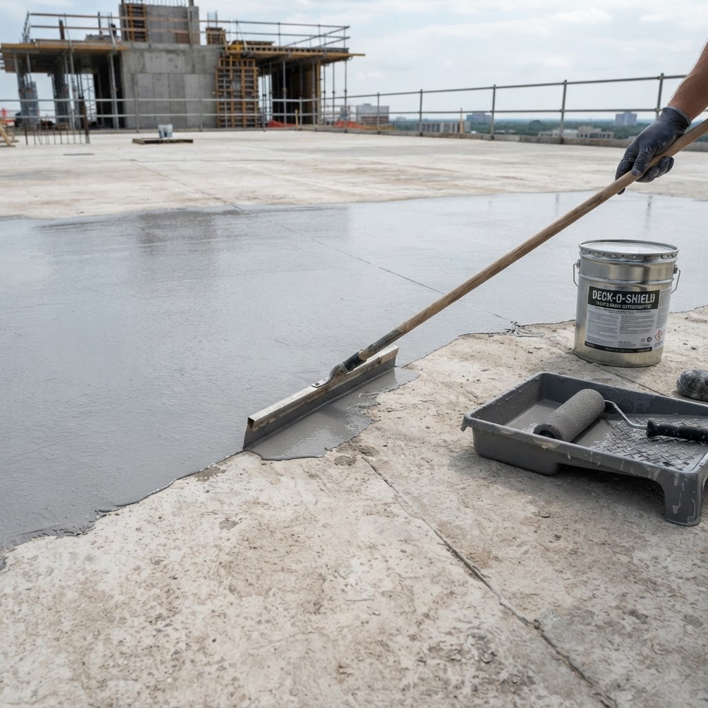 Waterproof coating application with squeegee on concrete deck by Noble Waterproofing in the San Fernando Valley CA