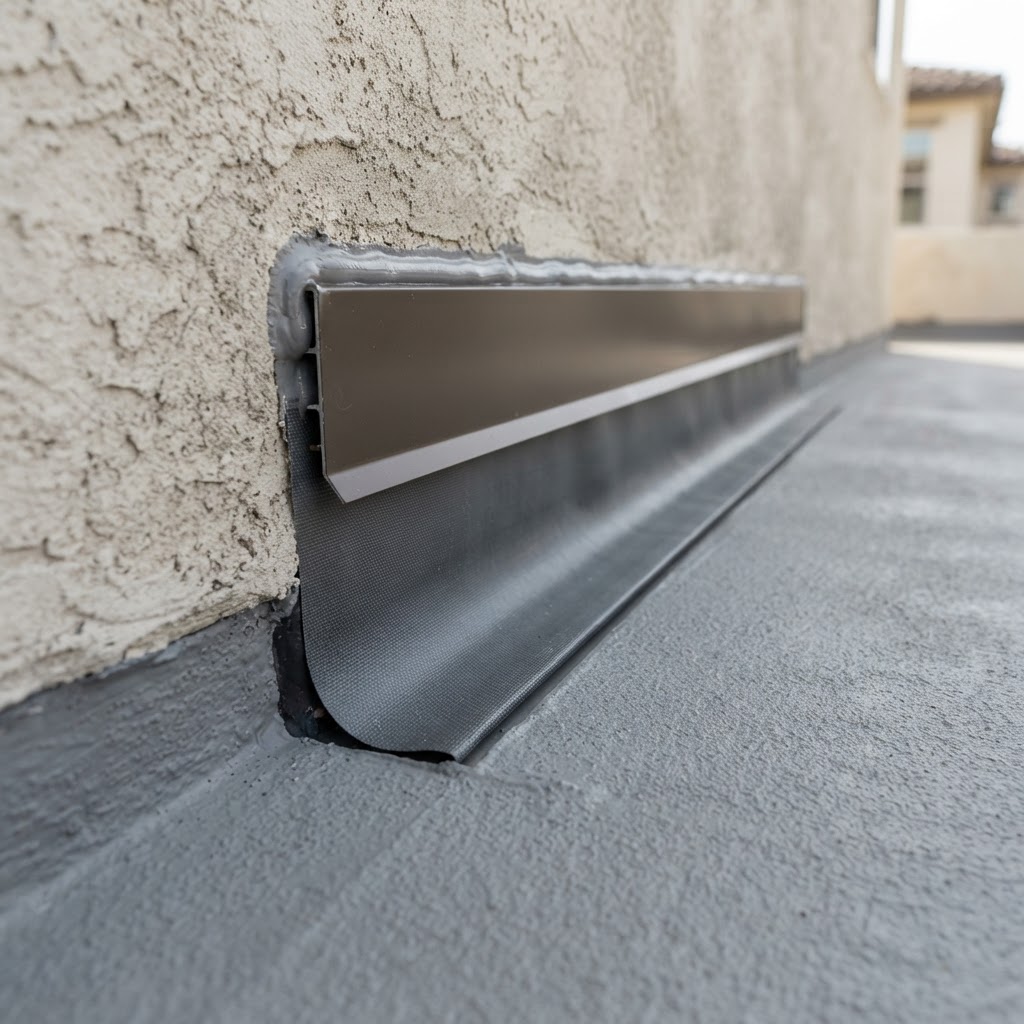 Concrete waterproofing membrane termination at wall cove with sealed metal counterflashing by Noble Waterproofing in Granada Hills CA