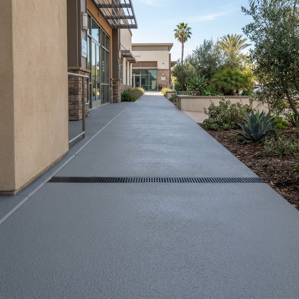 Commercial walkway protective coating with slip-resistant finish and sealed joints by Noble Waterproofing in the San Fernando Valley
