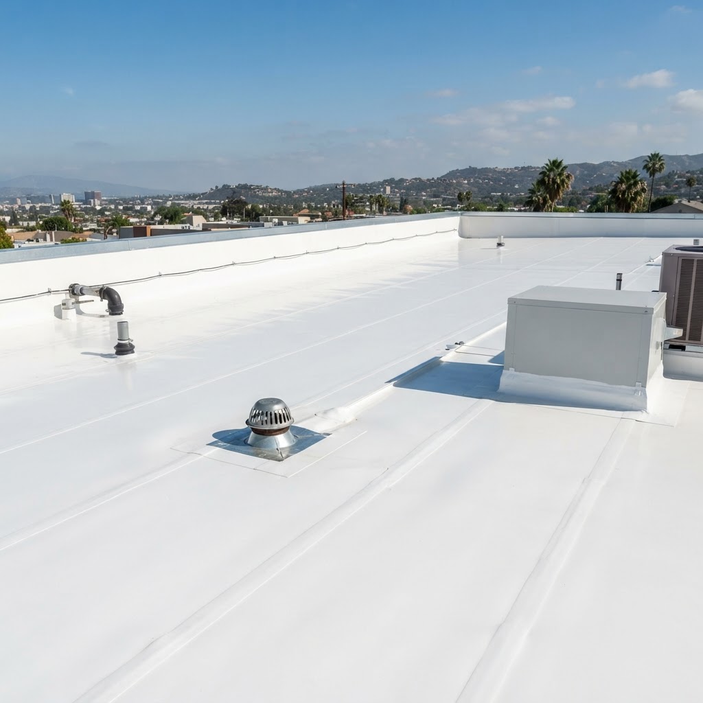 Commercial roof with reflective waterproofing coating and reinforced seams by Noble Waterproofing in the San Fernando Valley