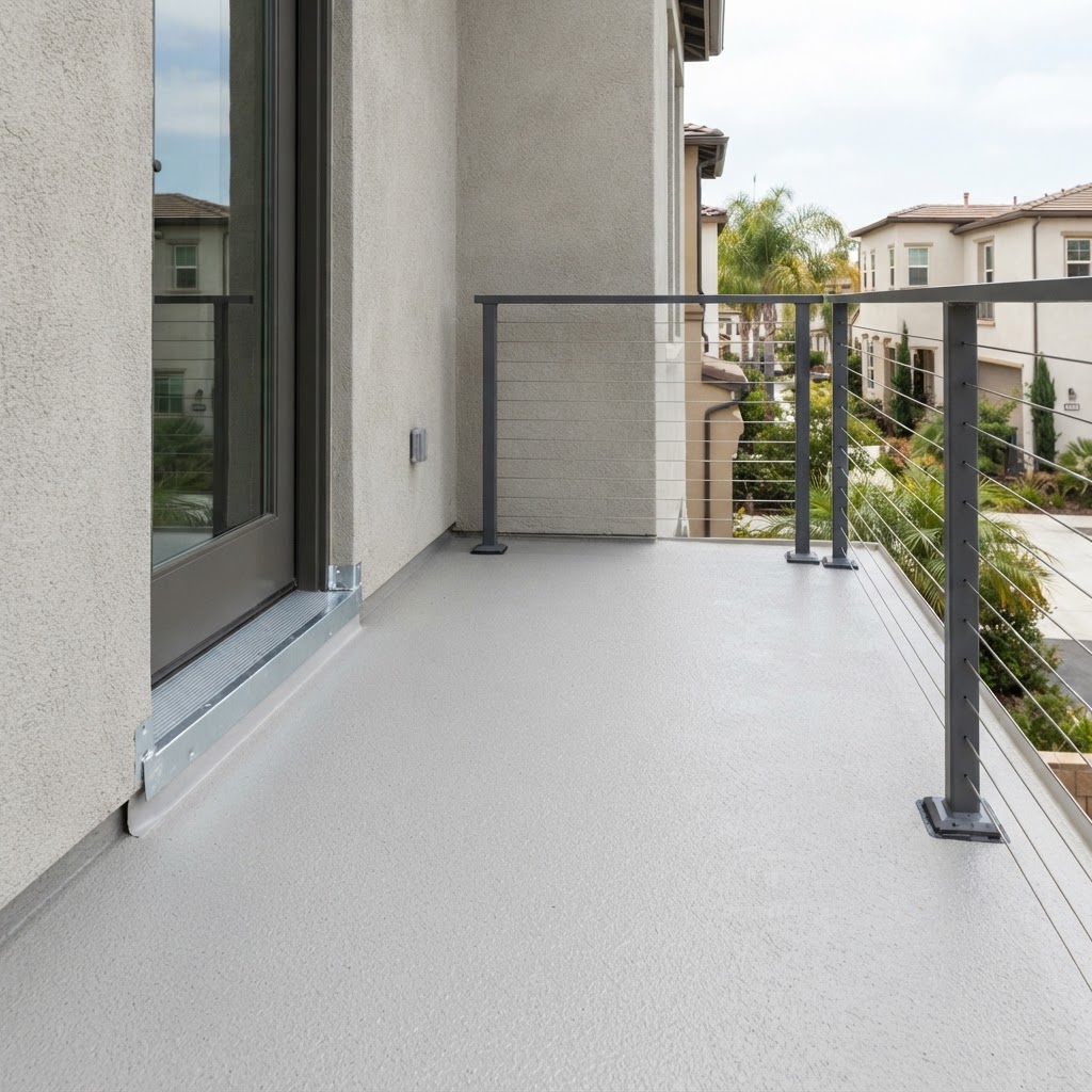 Finished residential balcony with slip-resistant waterproof coating and sealed railing by Noble Waterproofing in Granada Hills CA