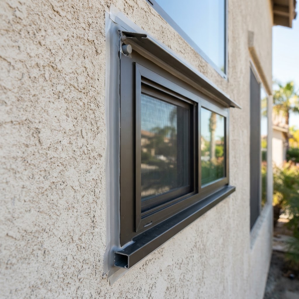 Exterior waterproofing sealant and flashing detail around an aluminum window in a stucco wall by Noble Waterproofing in San Fernando Valley