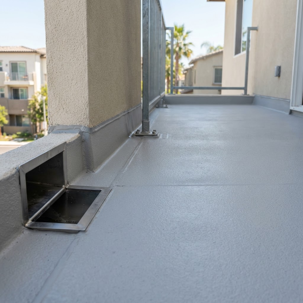 Apartment balcony waterproofing with sealed wall cove and railing posts by Noble Waterproofing in San Fernando Valley