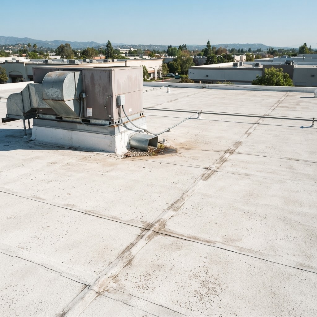 Low-slope commercial roof assessed for roof coating by Noble Waterproofing in the San Fernando Valley CA