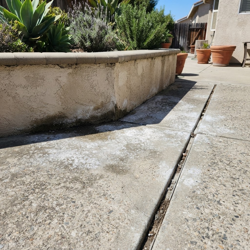 Residential patio concrete with efflorescence and cracks needing waterproofing in the San Fernando Valley CA