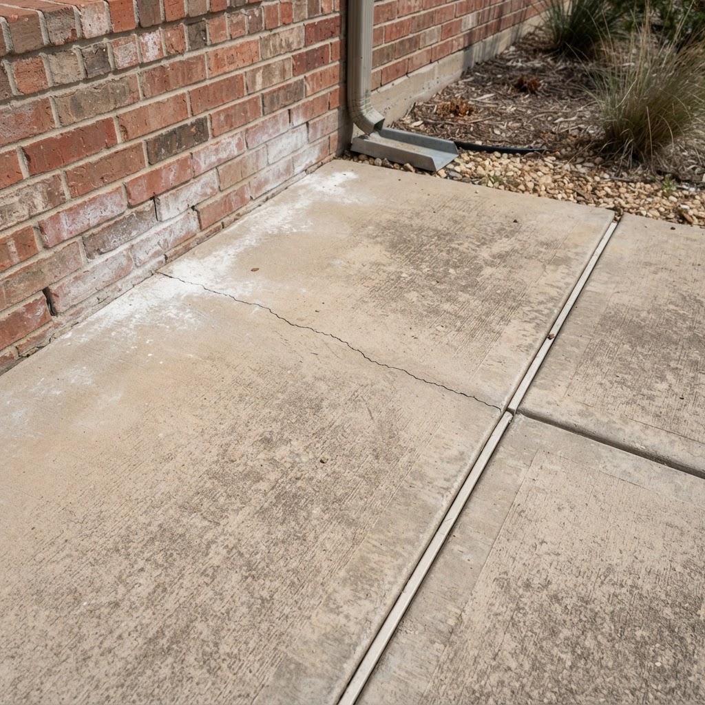Exterior concrete showing cracks and efflorescence signs that waterproofing is needed in San Fernando Valley CA