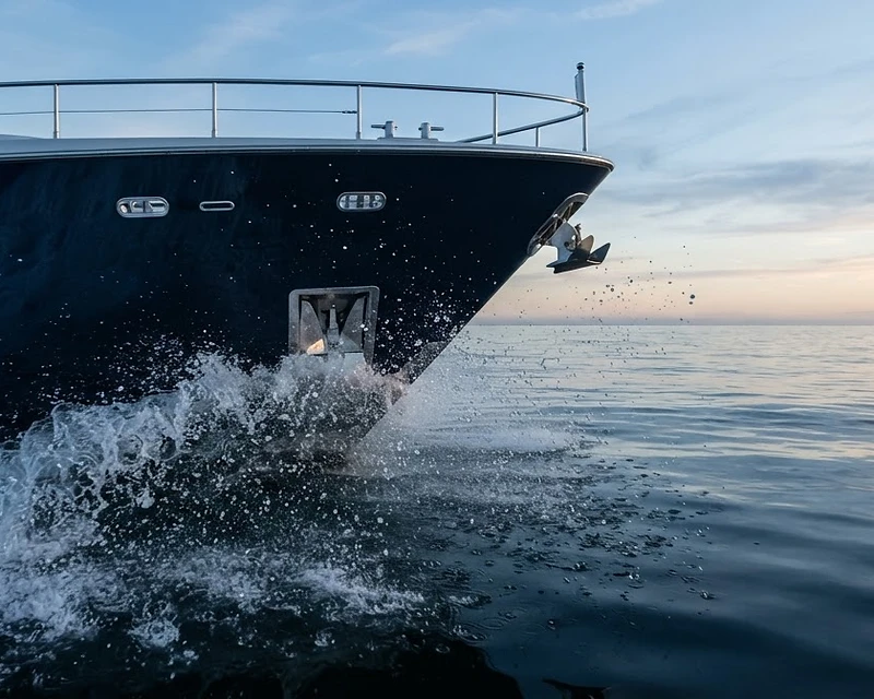 Yacht durchschneidet das Wasser bei Sonnenaufgang