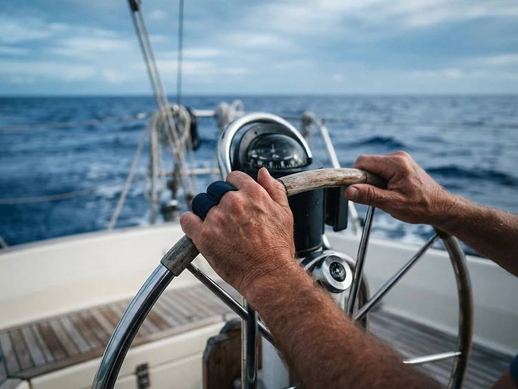Hände am Steuerrad einer Yacht